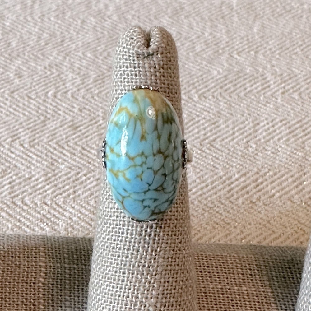 Vintage Faux Turquoise Mid Century Modern Statement Ring SZ 5 3/4 Elongated Oval - Picture 4 of 17
